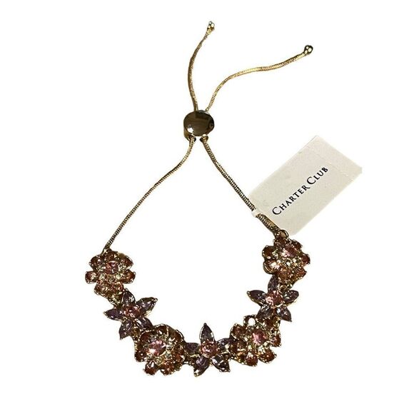 NWT Charter Club Gold-Tone Multi-Crystal Flower Slider Bracelet - Picture 2 of 5